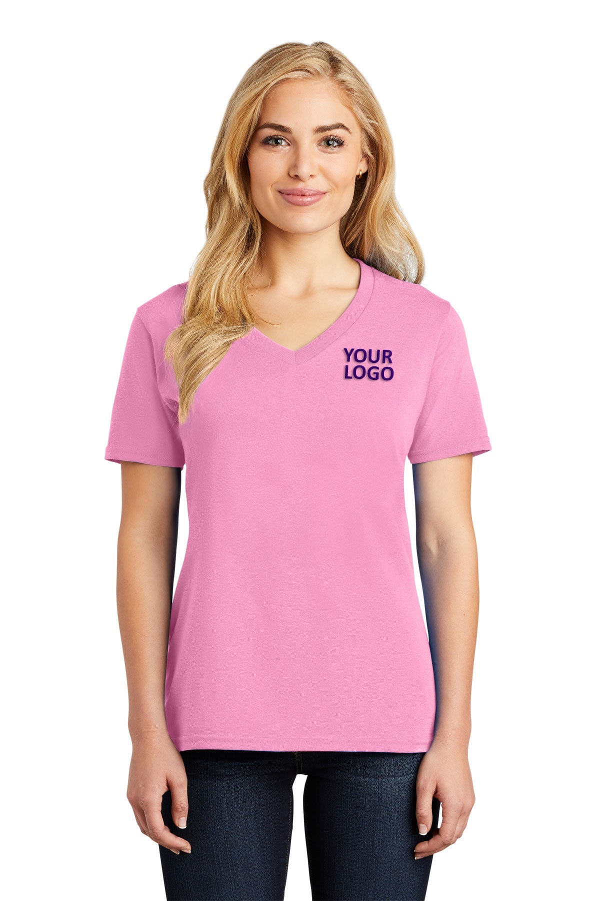 Port & Company Ladies Core Cotton Custom V-Neck Tee's, Candy Pink