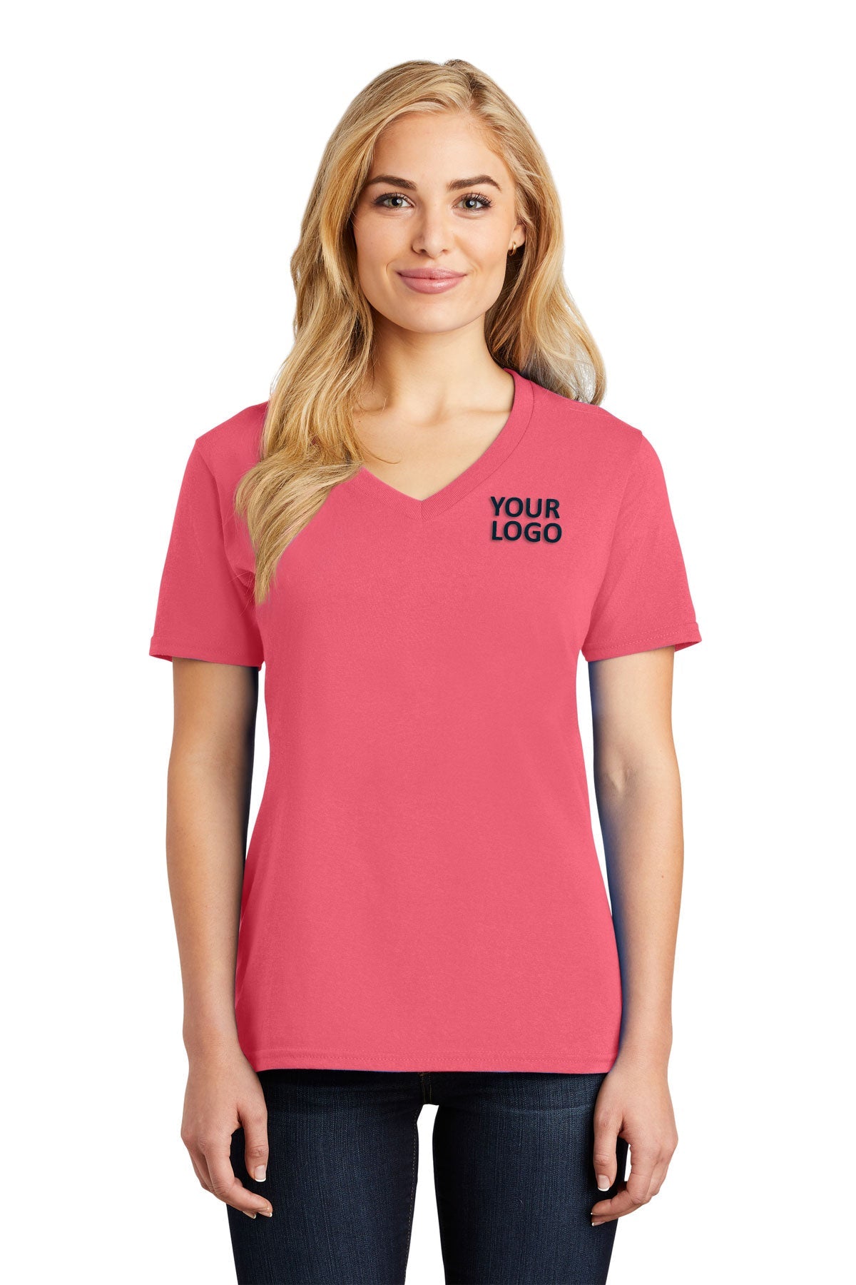 Custom Port & Company Ladies Core Cotton V-Neck Tee Coral