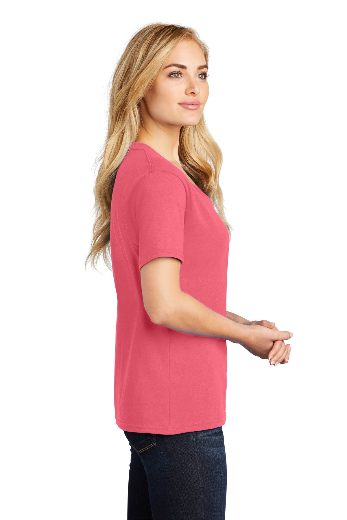 Custom Port & Company Ladies Core Cotton V-Neck Tee Coral