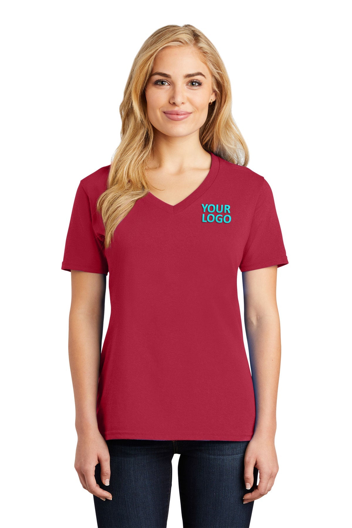 Port & Company Ladies Core Cotton Customized V-Neck Tee's, Red