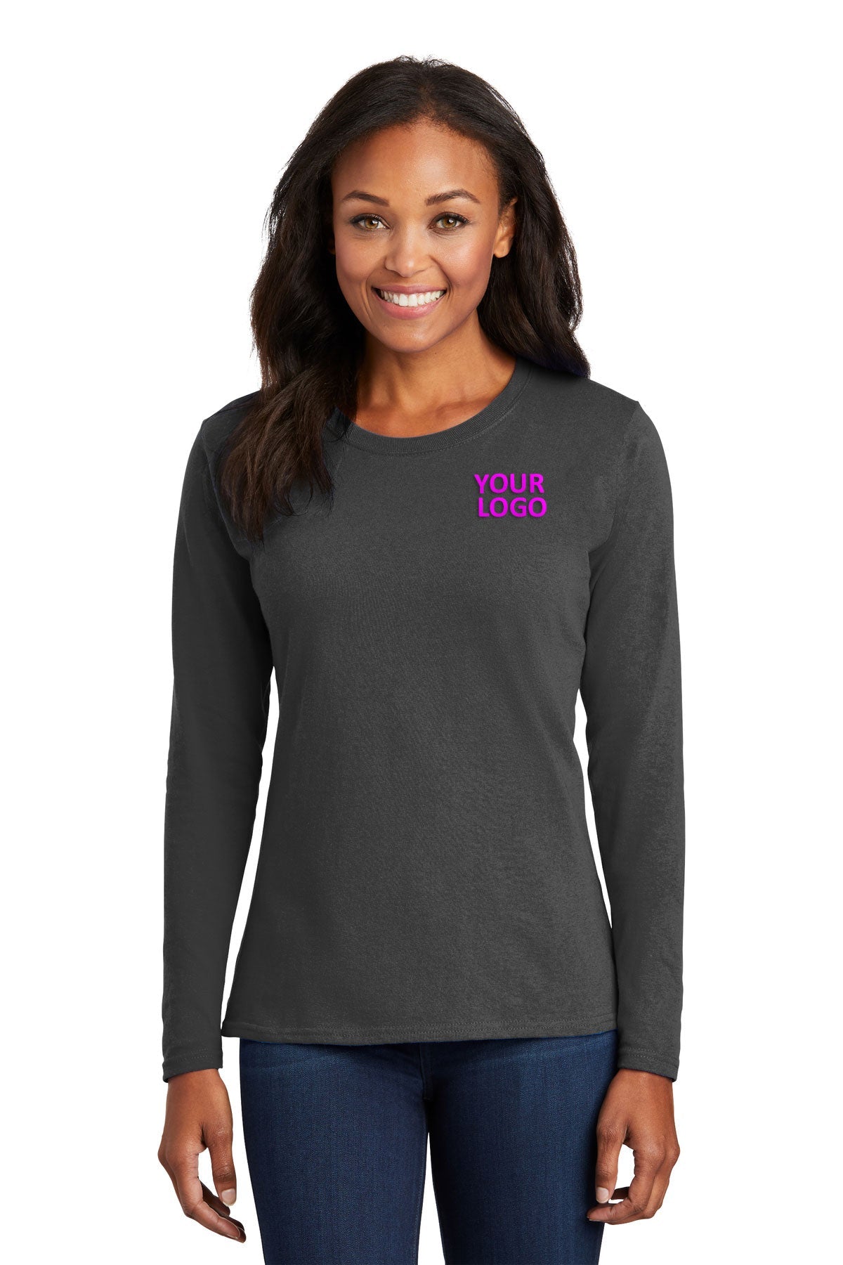 Port & Company Ladies Long Sleeve Branded Core Cotton Tee's, Charcoal