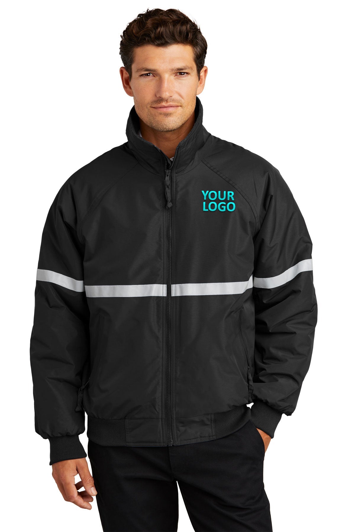 port authority true black/ true black/ reflective j754r jackets with company logo