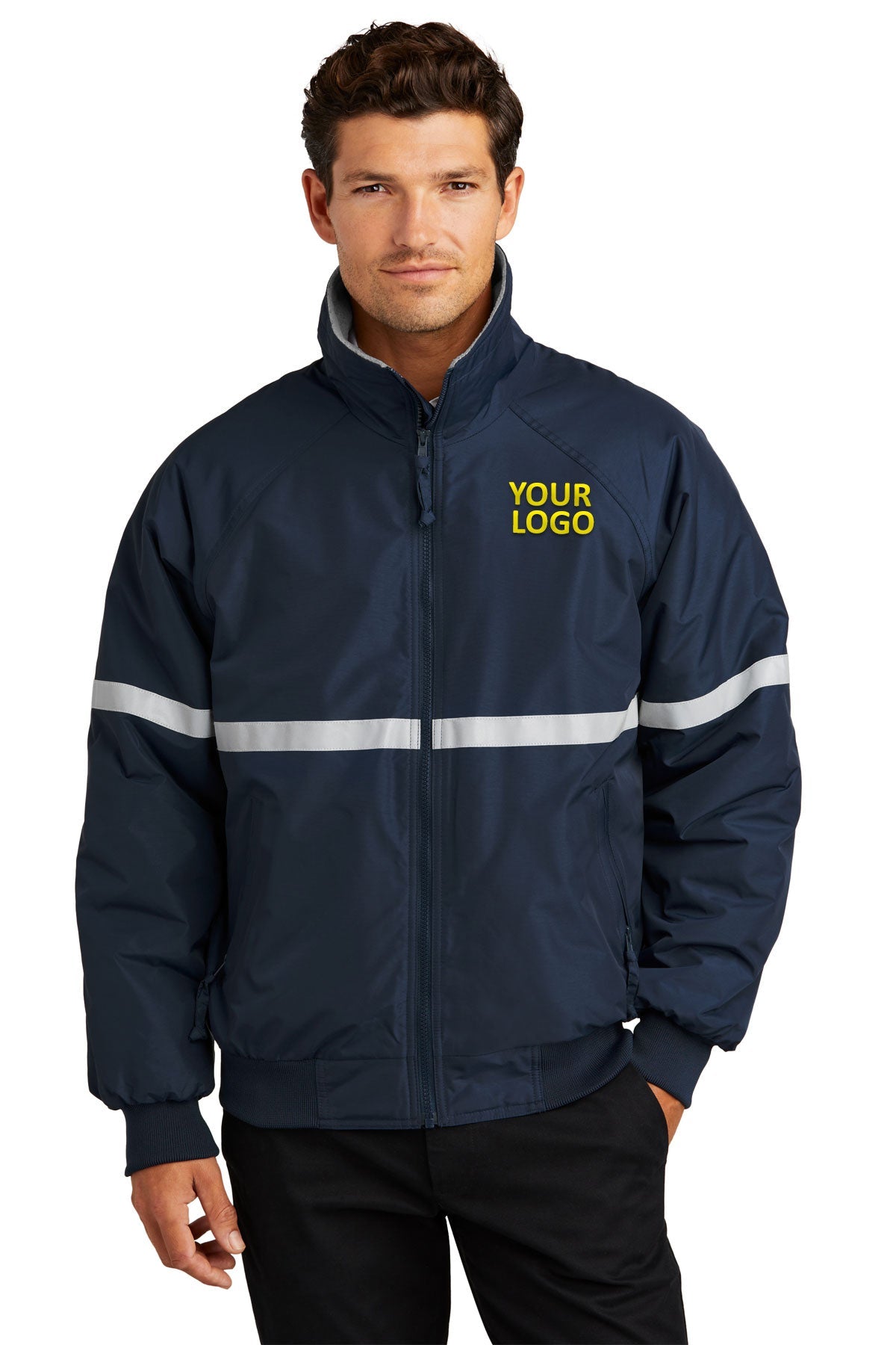 port authority true navy/ grey heather/ reflective j754r jackets with company logo