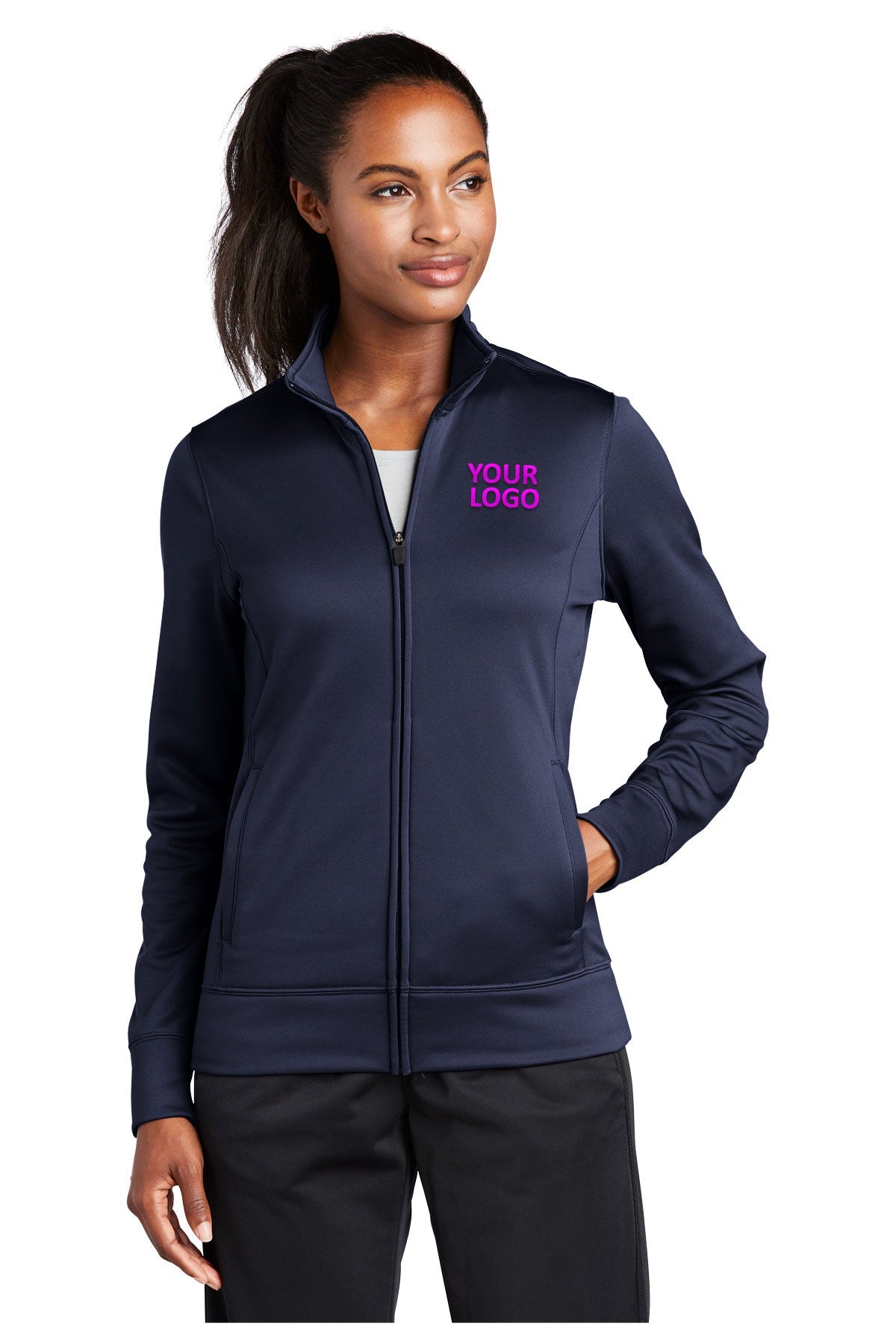 Sport-Tek Ladies Sport-Wick Fleece Branded Full-Zip Jackets, Navy