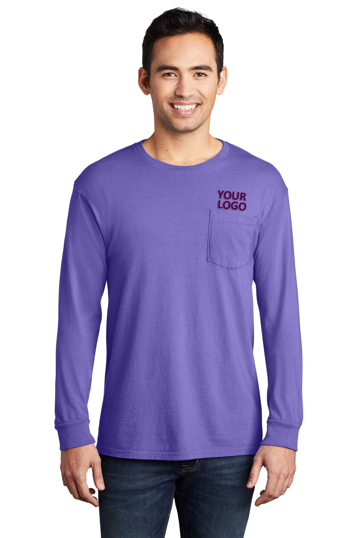 Port & Company Pigment-Dyed Branded Long Sleeve Pocket Tee's, Amethyst