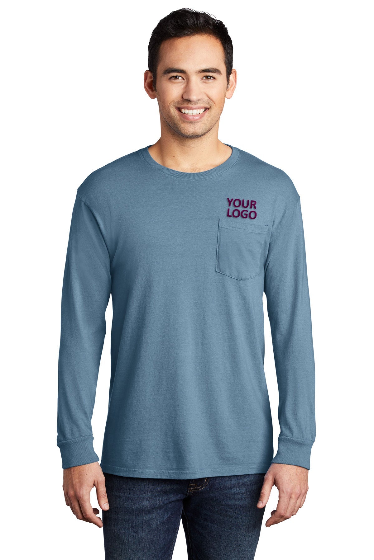 Port & Company Pigment-Dyed Customized Long Sleeve Pocket Tee's, Mist