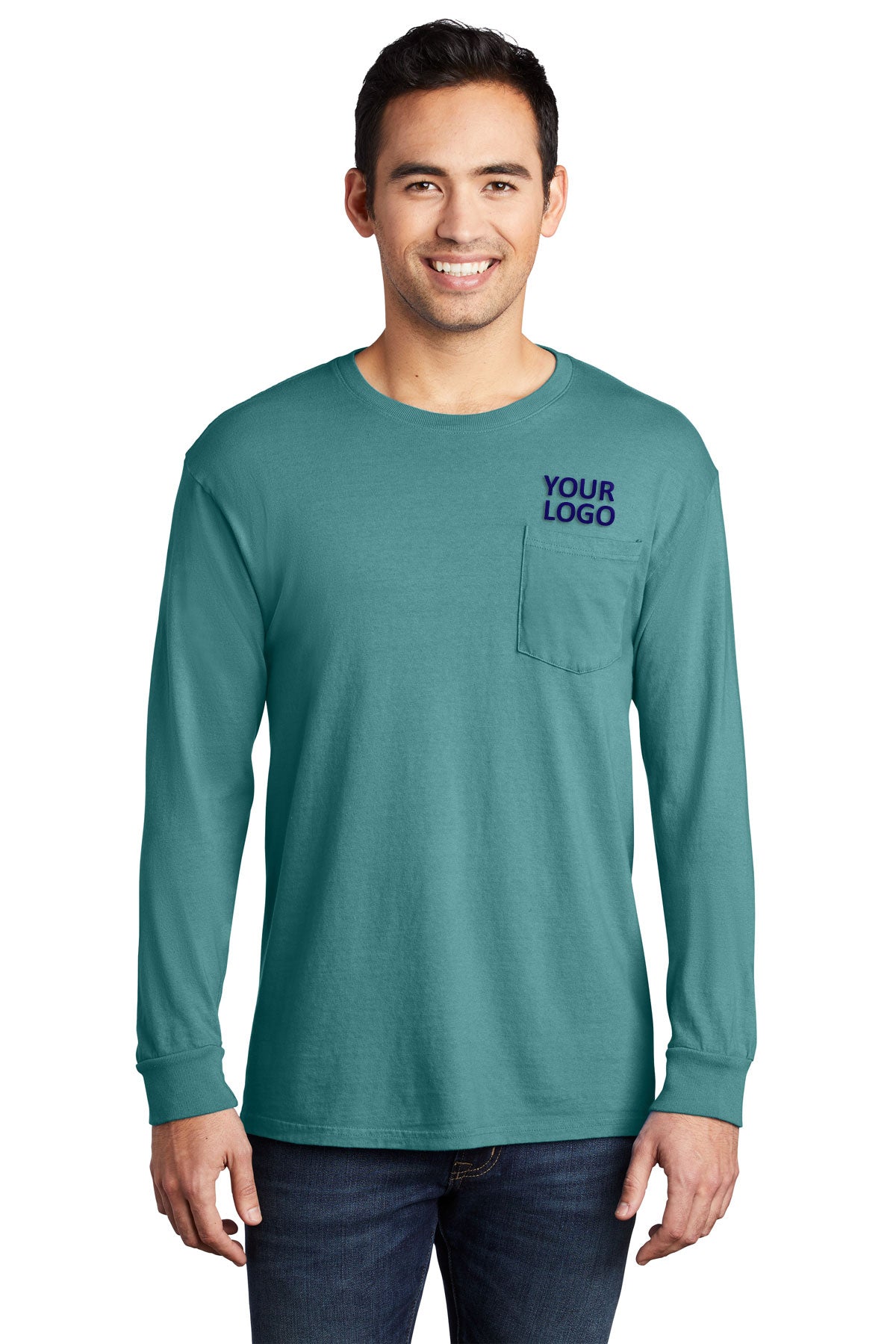 Port & Company Pigment-Dyed Custom Long Sleeve Pocket Tee's, Peacock