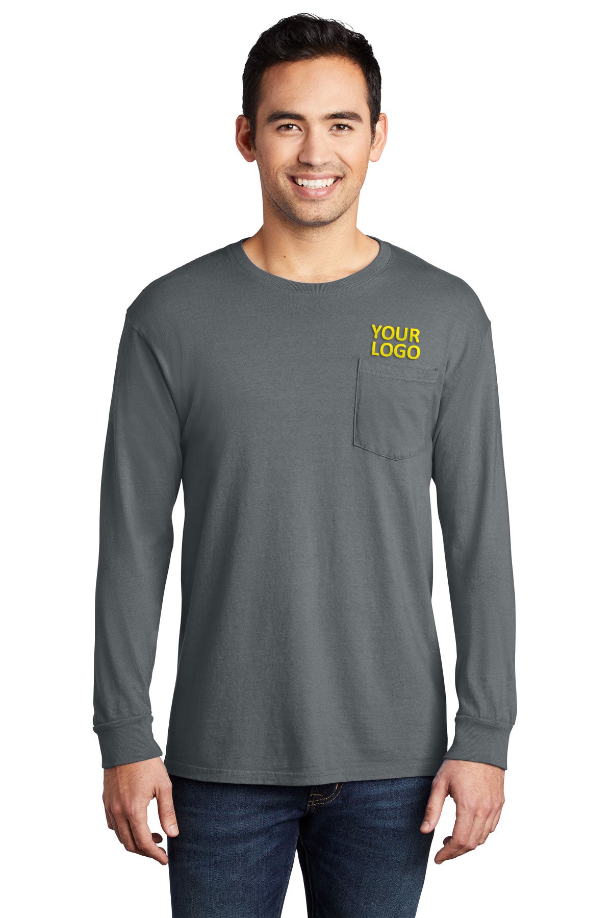 Port & Company Pigment-Dyed Custom Long Sleeve Pocket Tee's, Pewter