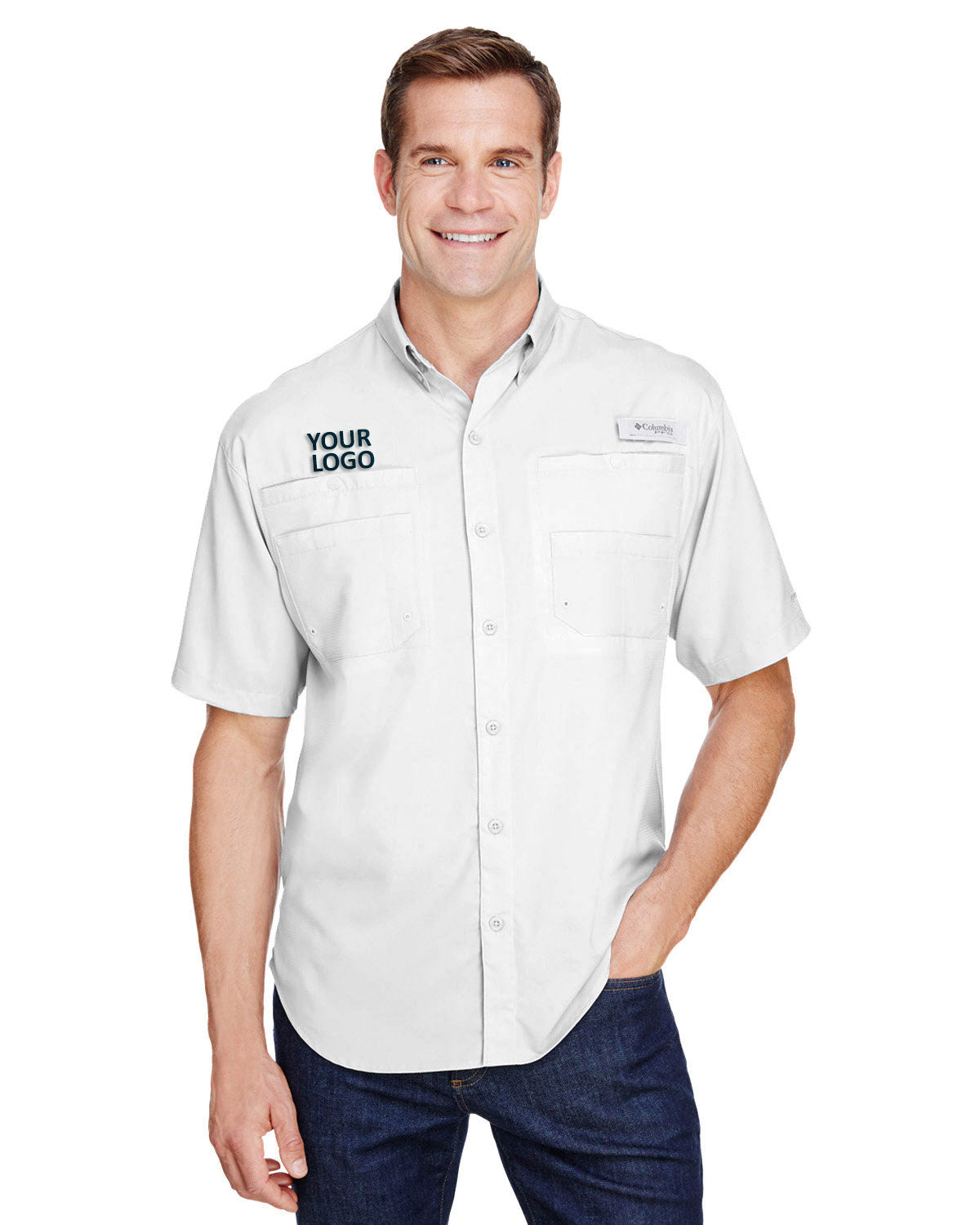 Columbia White 7266 work shirts with logo