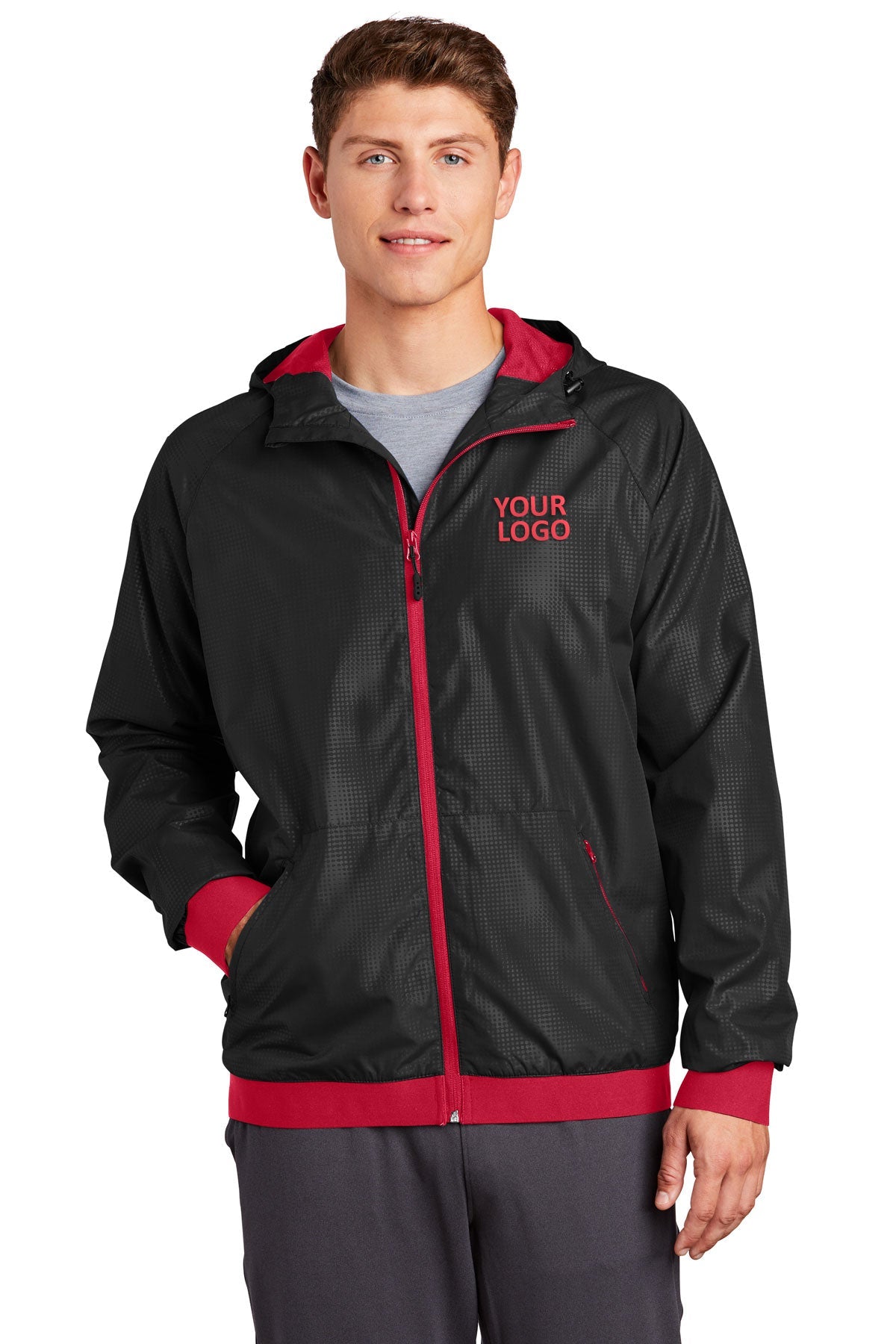 Sport-Tek Embossed Hooded Custom Wind Jackets, Black/ True Red