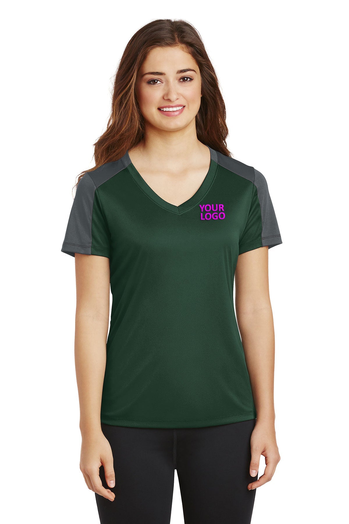 Sport-Tek Ladies PosiCharge Competitor Customized Sleeve-Blocked V-Neck Tee's, Forest Green/ Iron Grey