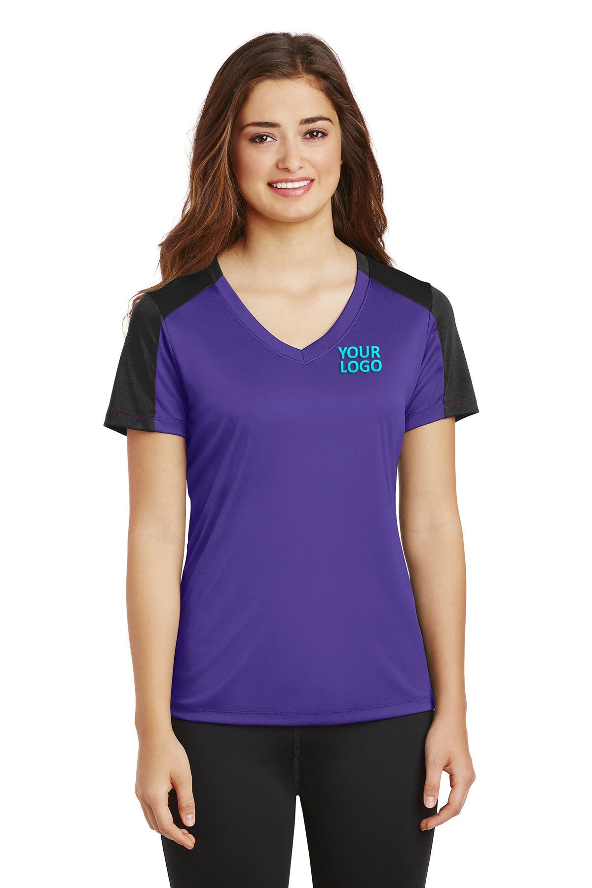 Sport-Tek Ladies PosiCharge Competitor Branded Sleeve-Blocked V-Neck Tee's, Purple/ Black