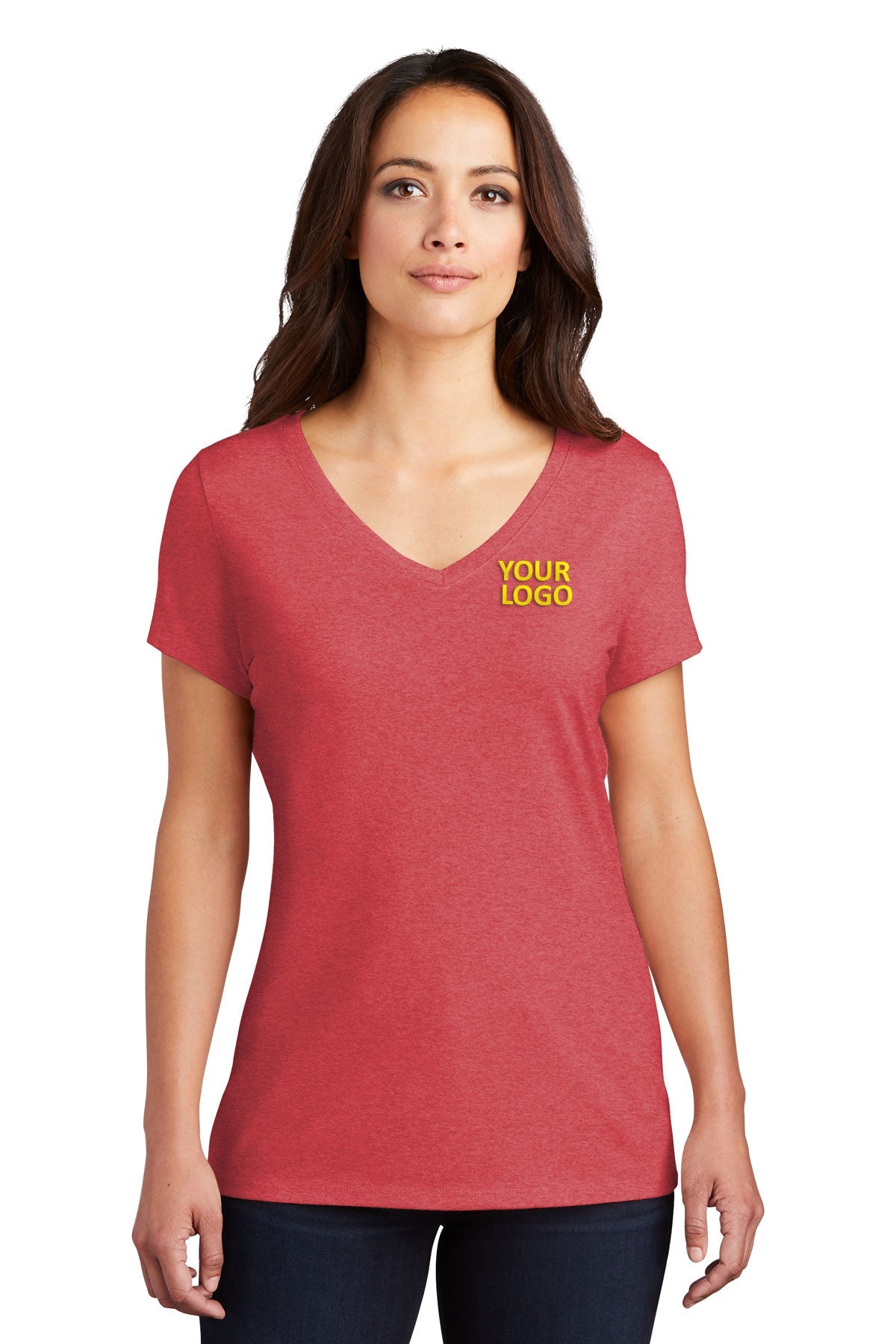 District Made Ladies Perfect Tri V-Neck Tee's, Red Frost