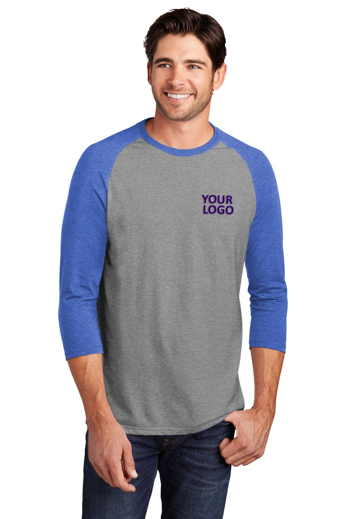 District Made Mens Perfect Tri 3/4-Sleeves, Royal Frost/ Grey Frost