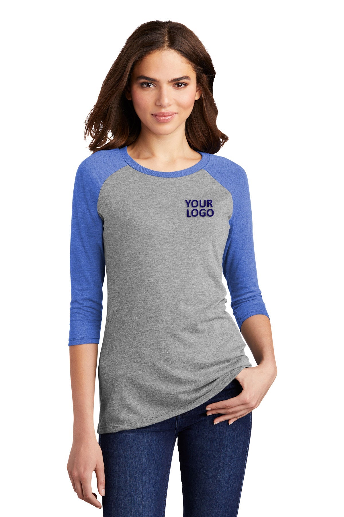 district made ladies perfect tri 3 4 sleeve raglan royal frost grey frost