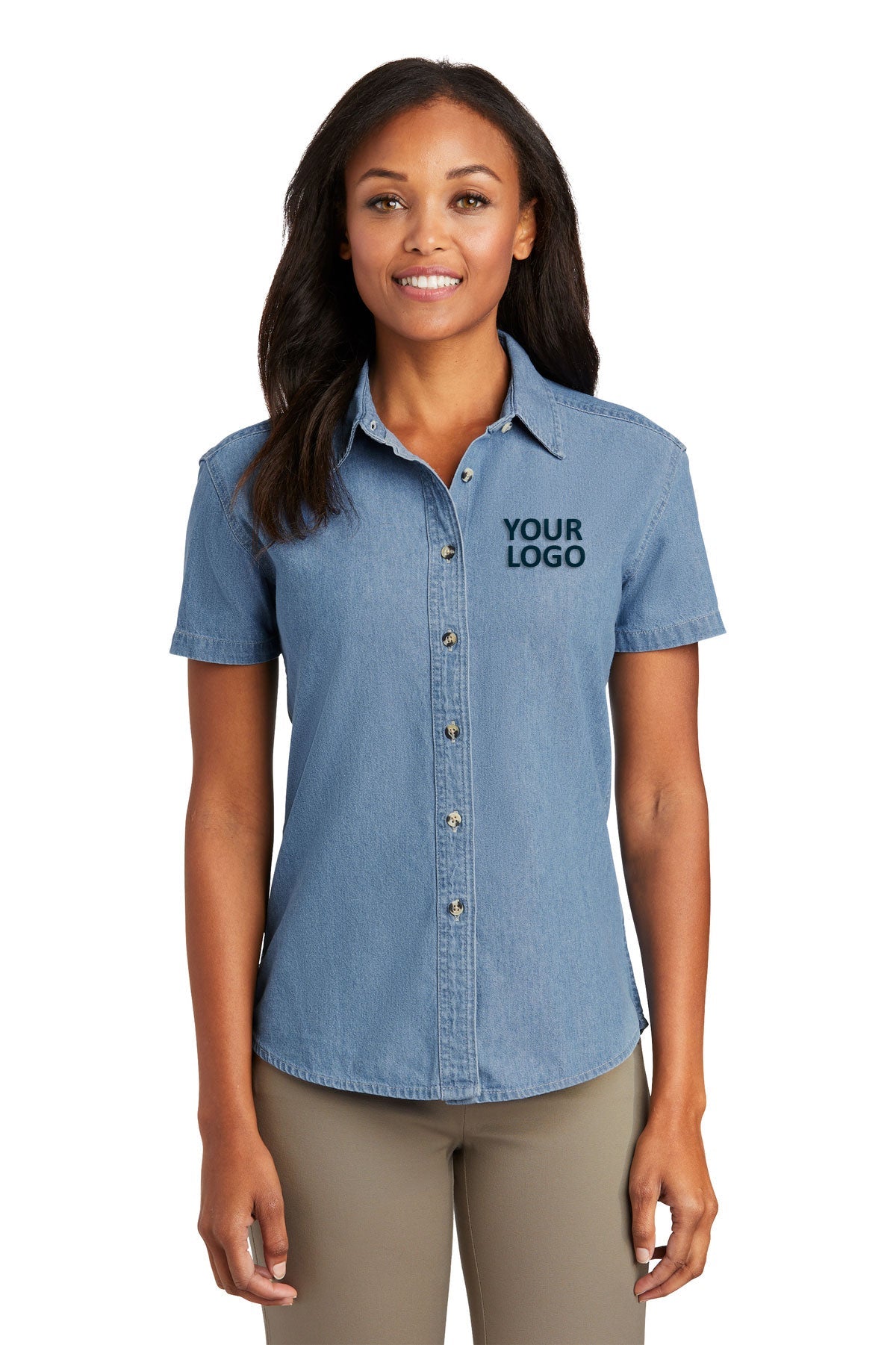 Port & Company Ladies Short Sleeve Custom Denim Shirts, Faded Blue
