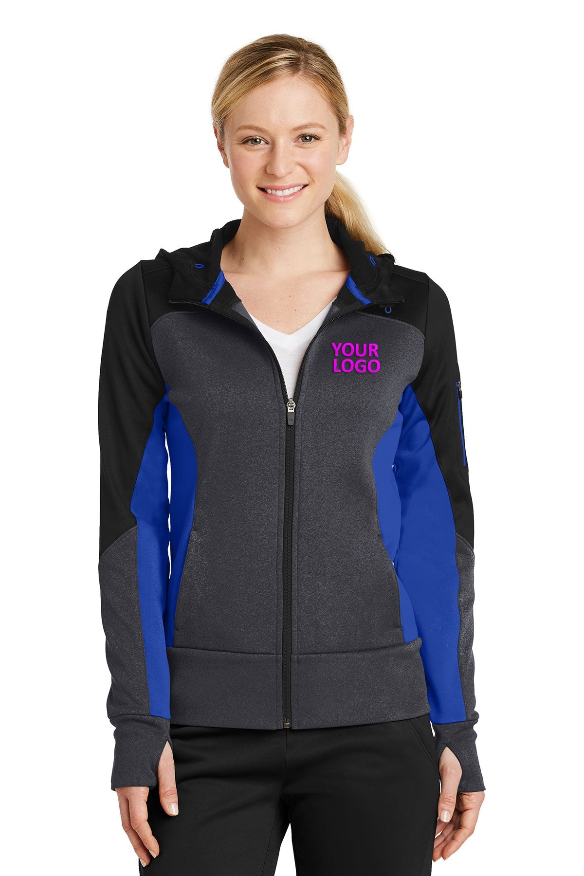 Sport-Tek Ladies Tech Fleece Colorblock Customized Full-Zip Hooded Jackets, Black/ Graphite Heather/ True Royal
