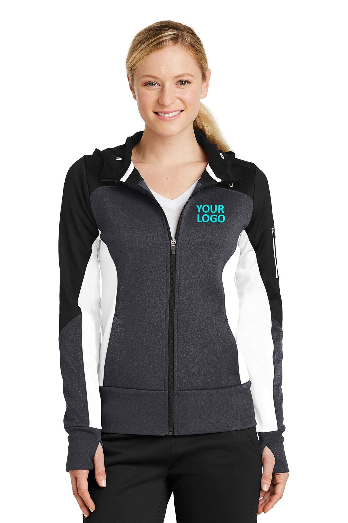 Sport-Tek Ladies Tech Fleece Colorblock Customized Full-Zip Hooded Jackets, Black/ Graphite Heather/ White