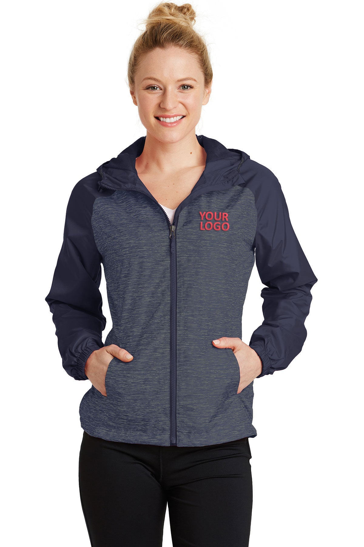Sport-Tek Ladies Heather Colorblock Customized Raglan Hooded Wind Jackets, True Navy Heather/ True Navy