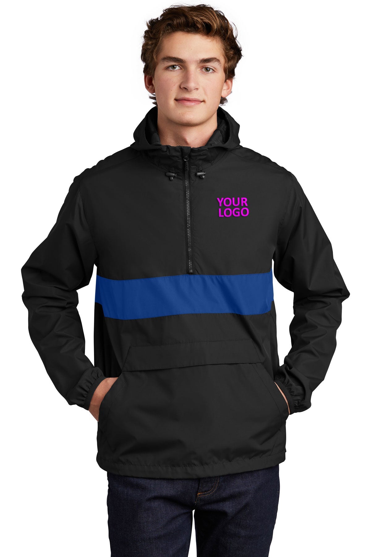 Sport-Tek Black/ True Royal JST65 jacket company logo