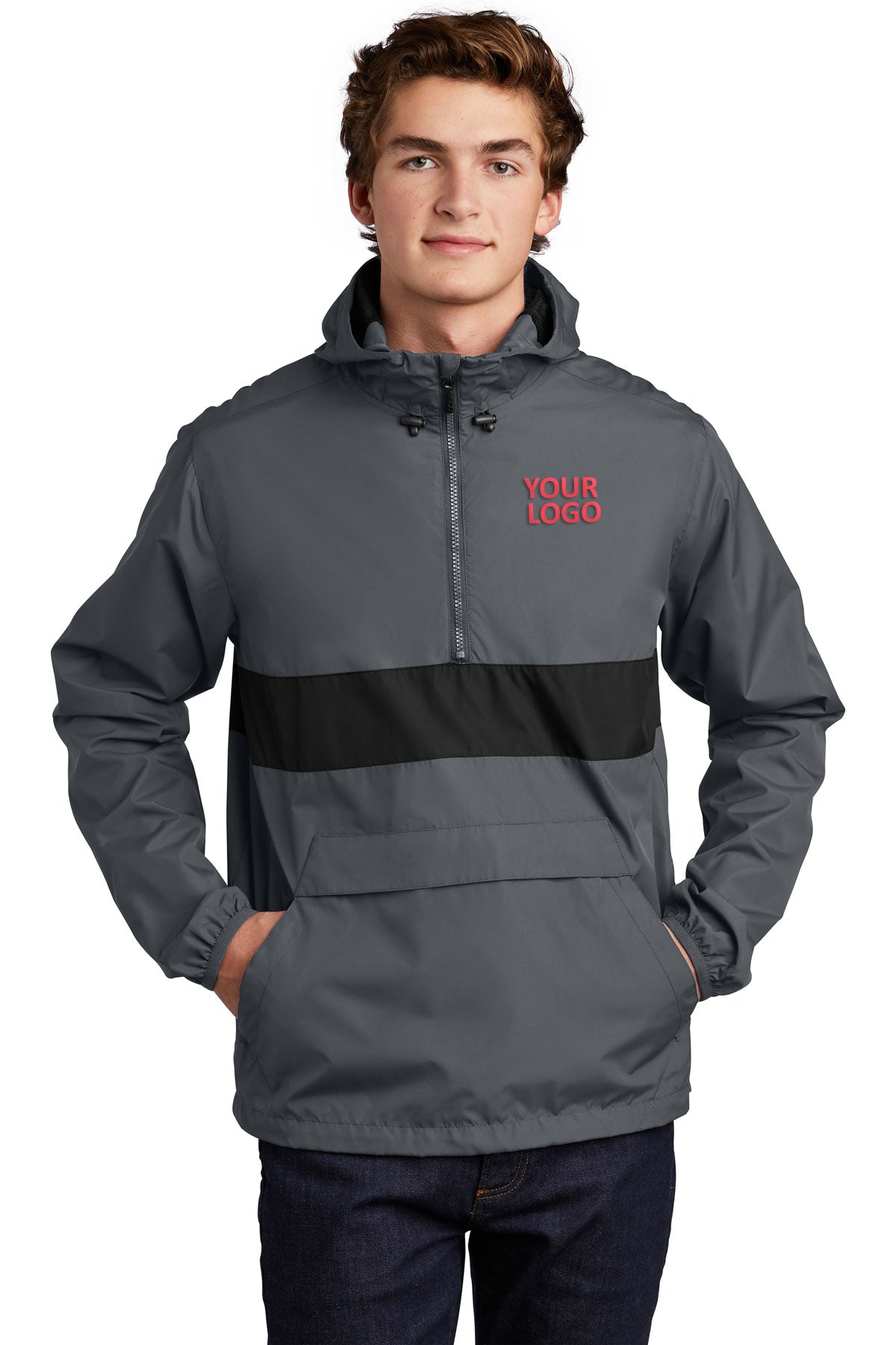 Sport-Tek Graphite Grey/ Black JST65 jacket company logo