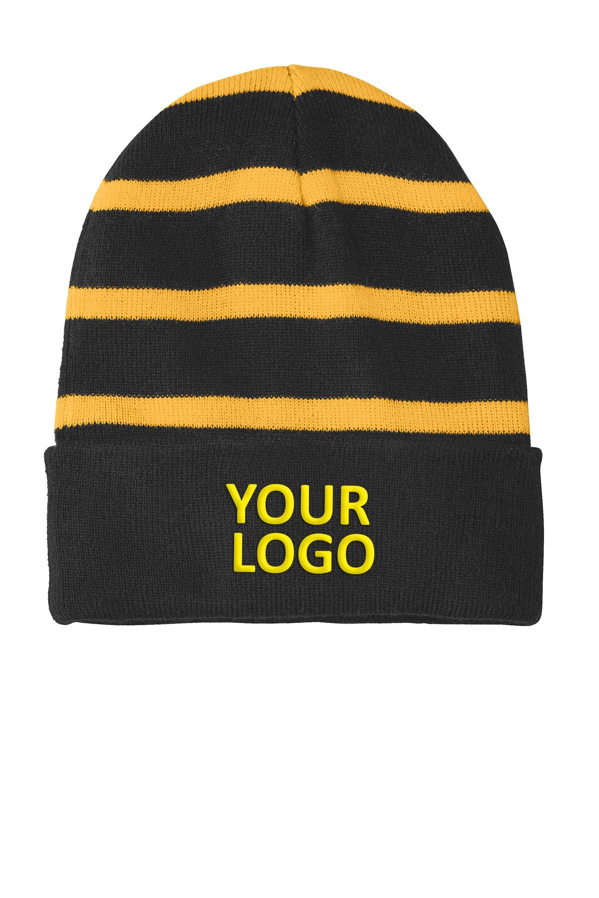 sport tek striped beanie with solid band black gold