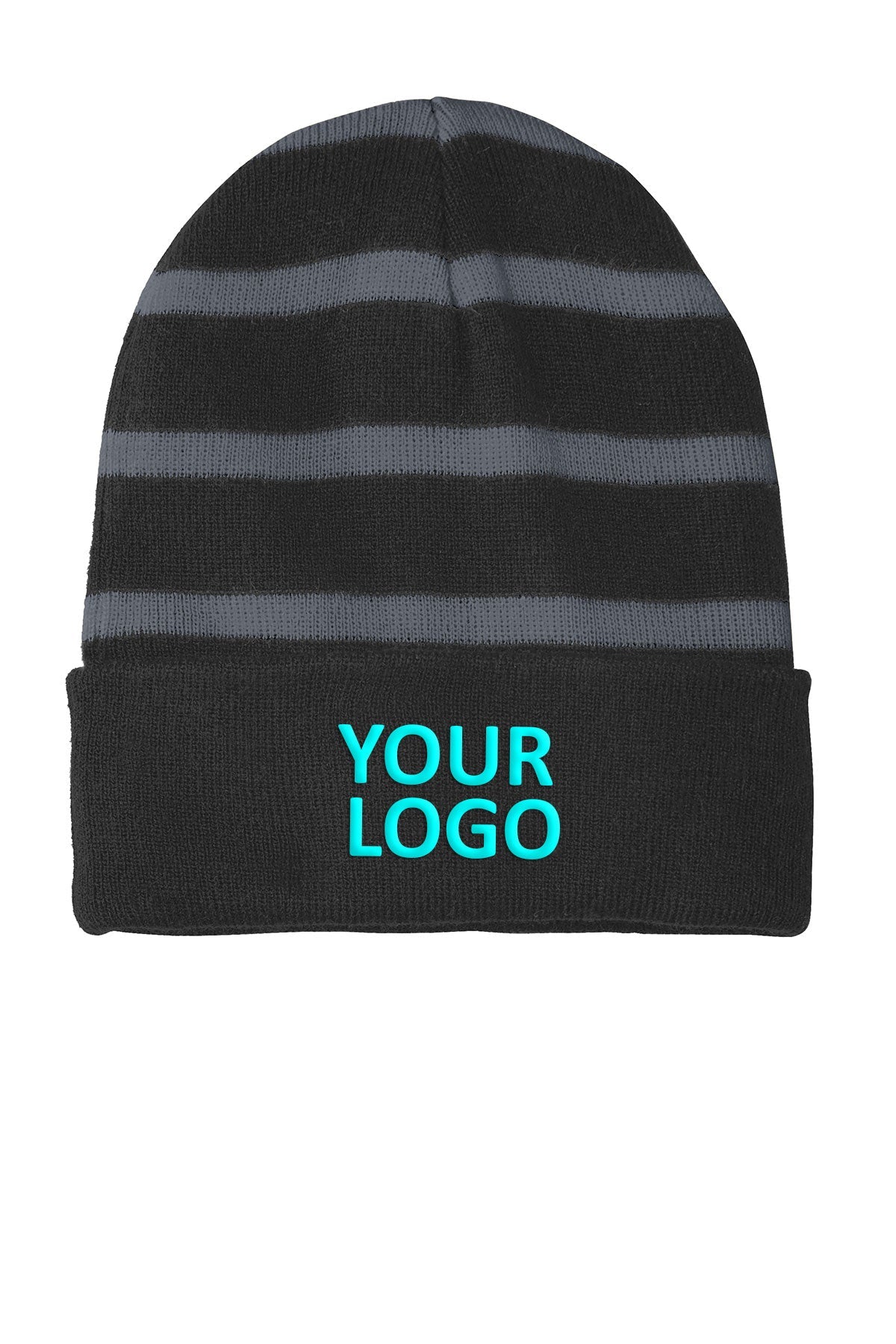 sport tek striped beanie with solid band black iron grey