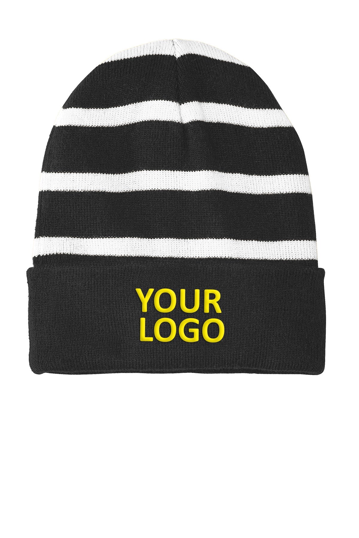 sport tek striped beanie with solid band black white