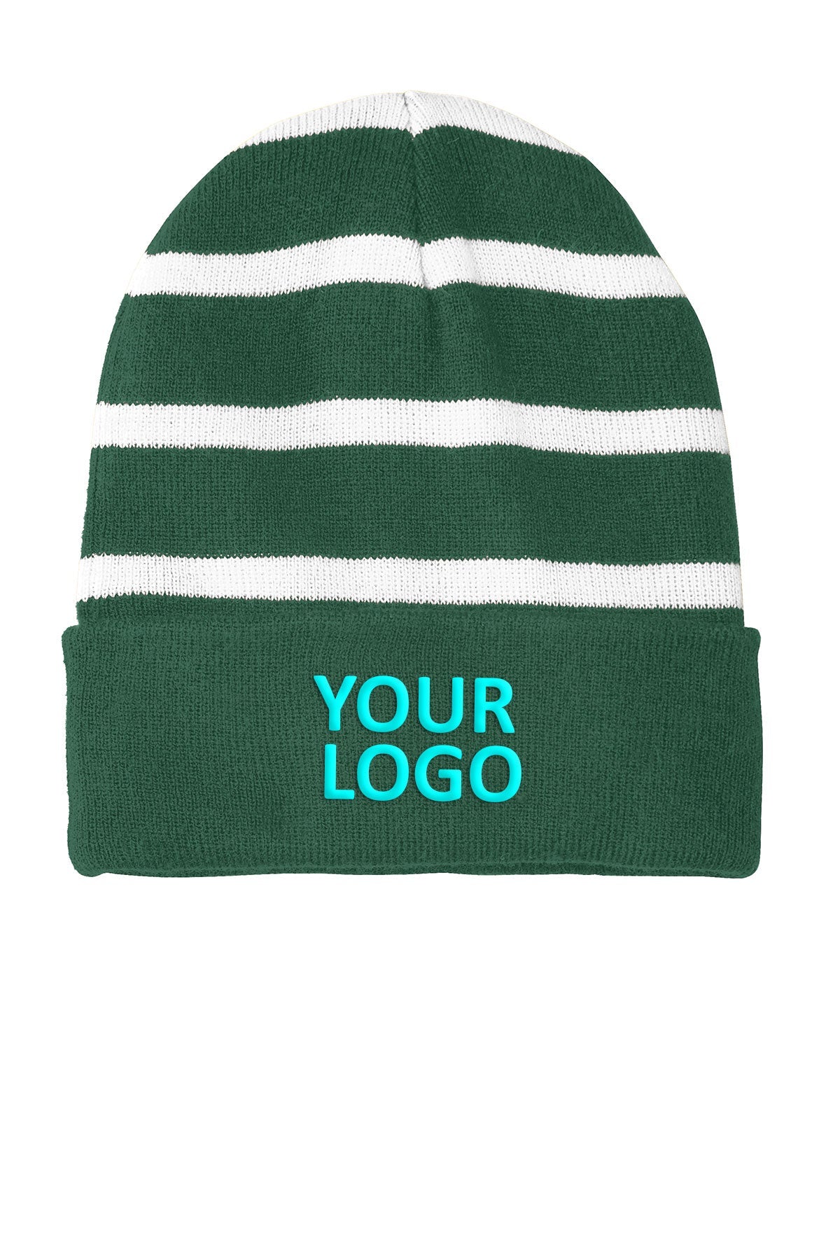 sport tek striped beanie with solid band forest green white