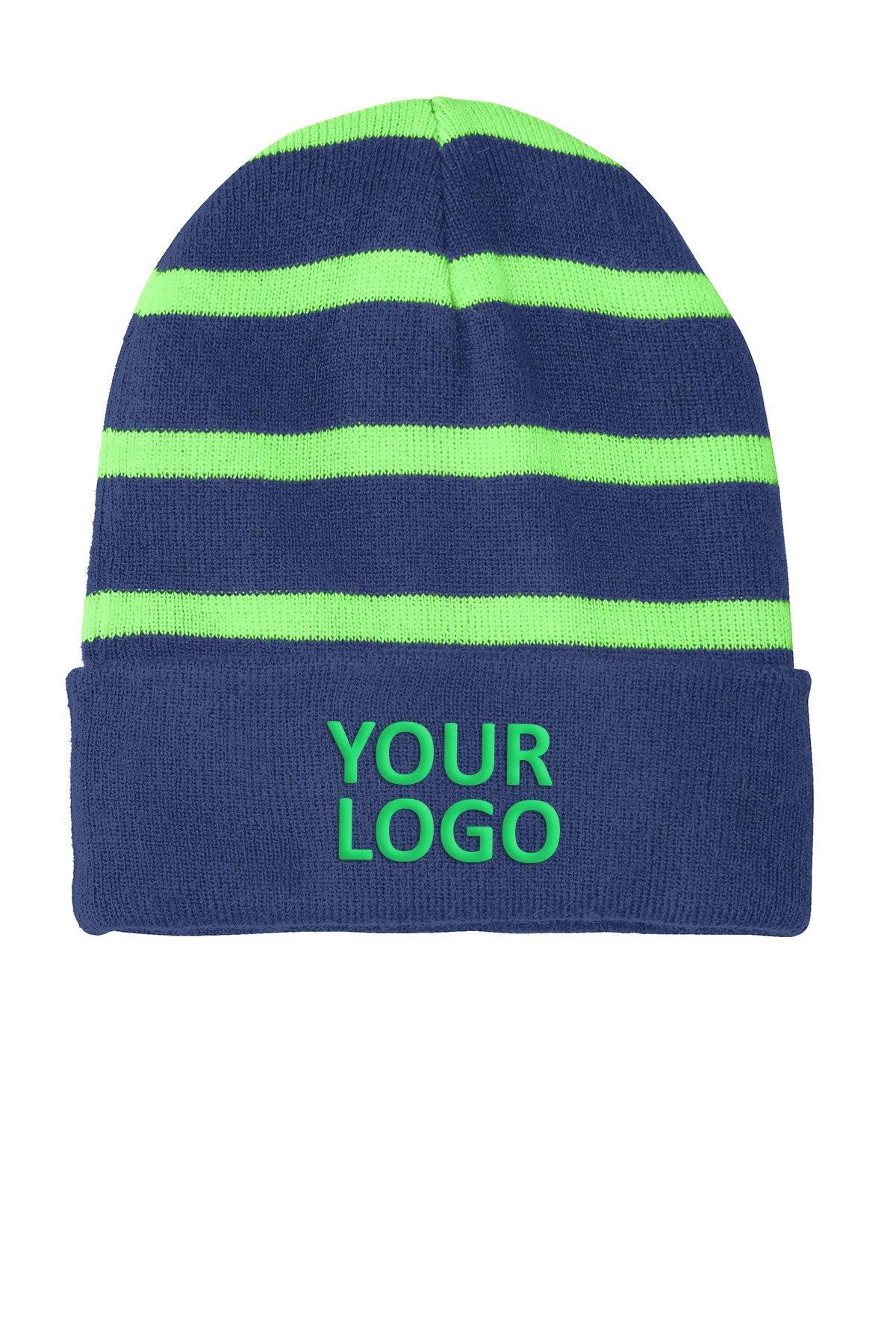 sport tek striped beanie with solid band team navy flash green