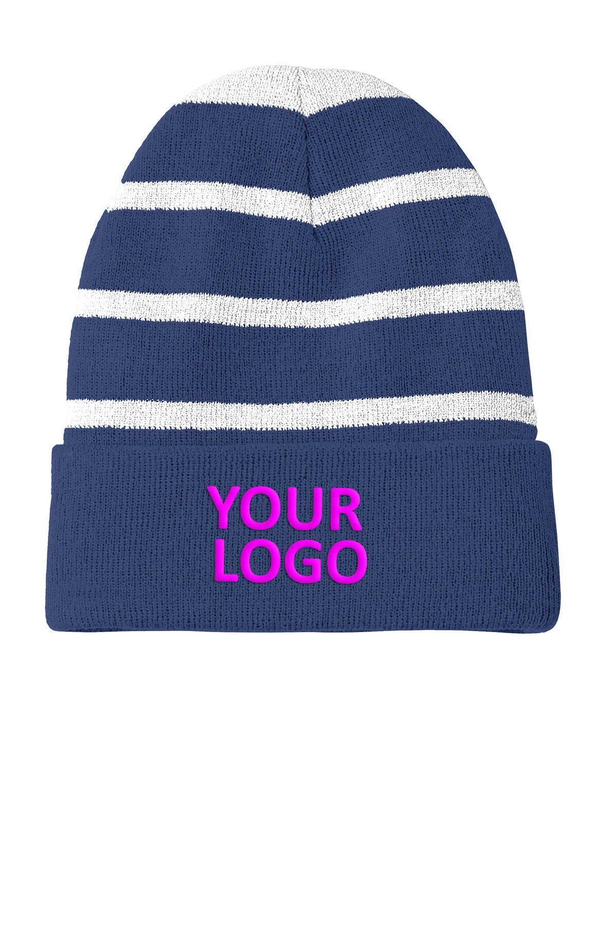 sport tek striped beanie with solid band team navy silver