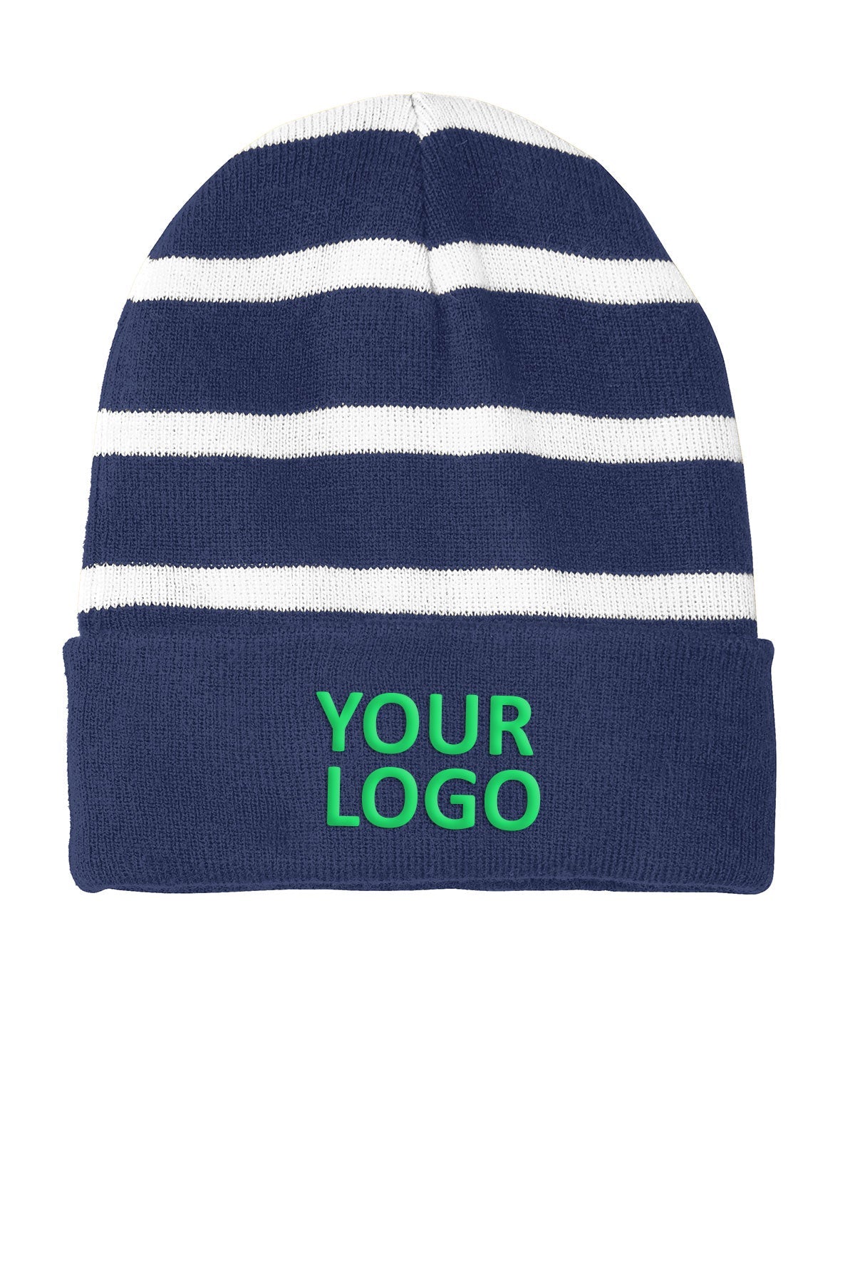 Sport-Tek Striped Branded Beanies with Solid Band, True Navy/ White