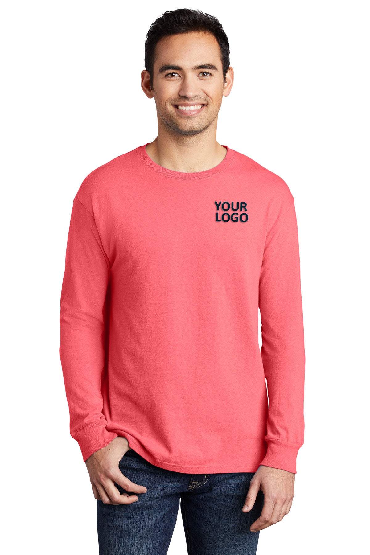Port & Company Pigment-Dyed Branded Long Sleeve Tee's, Neon Coral