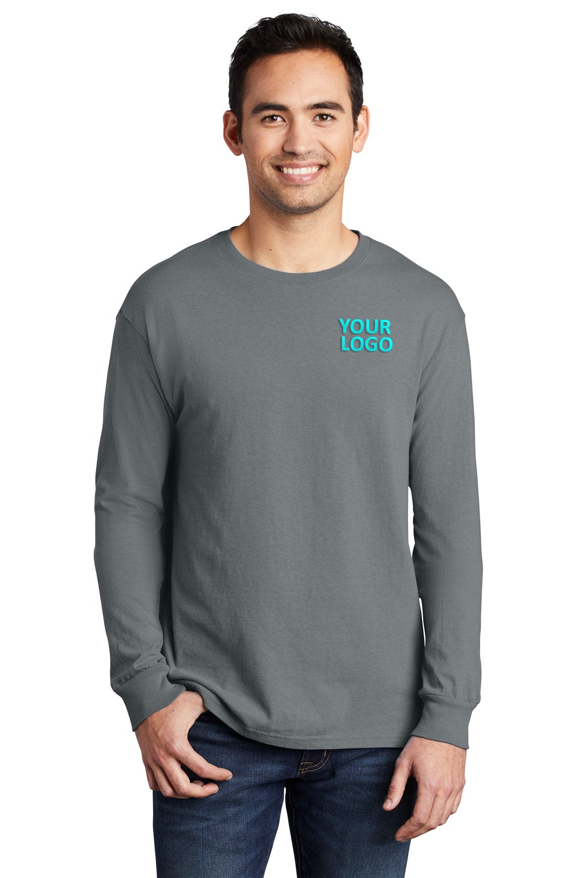 Port & Company Pigment-Dyed Branded Long Sleeve Tee's, Pewter