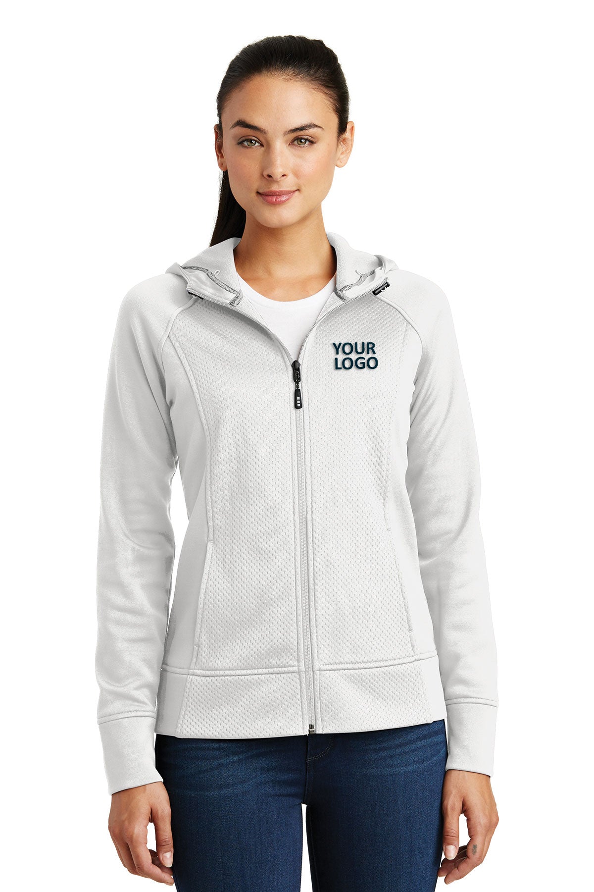 Sport-Tek Ladies Rival Tech Fleece Custom Full-Zip Hooded Jackets, White