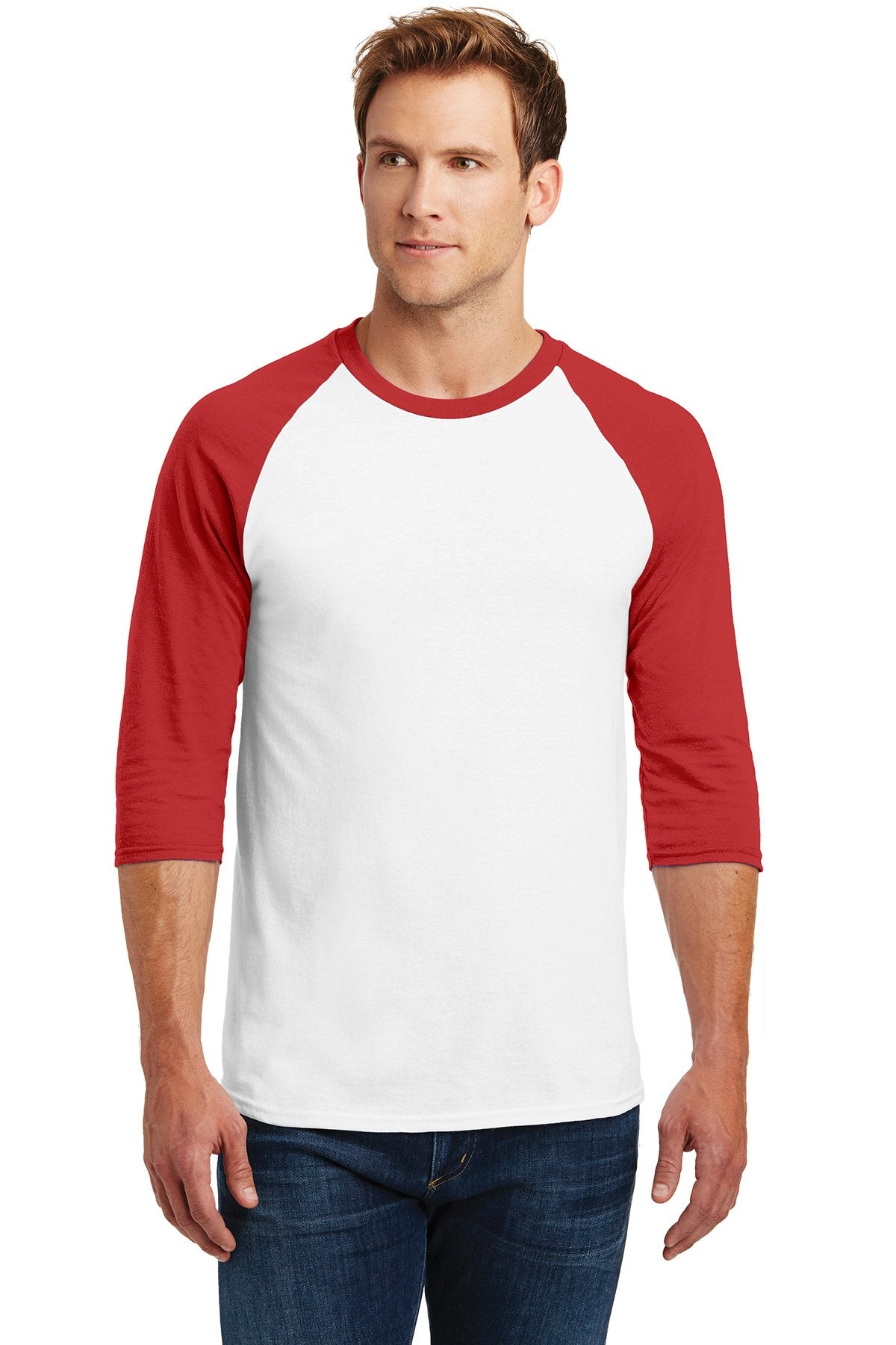 gildan heavy cotton 3 4 sleeve raglan t shirt 5700 white/ red
