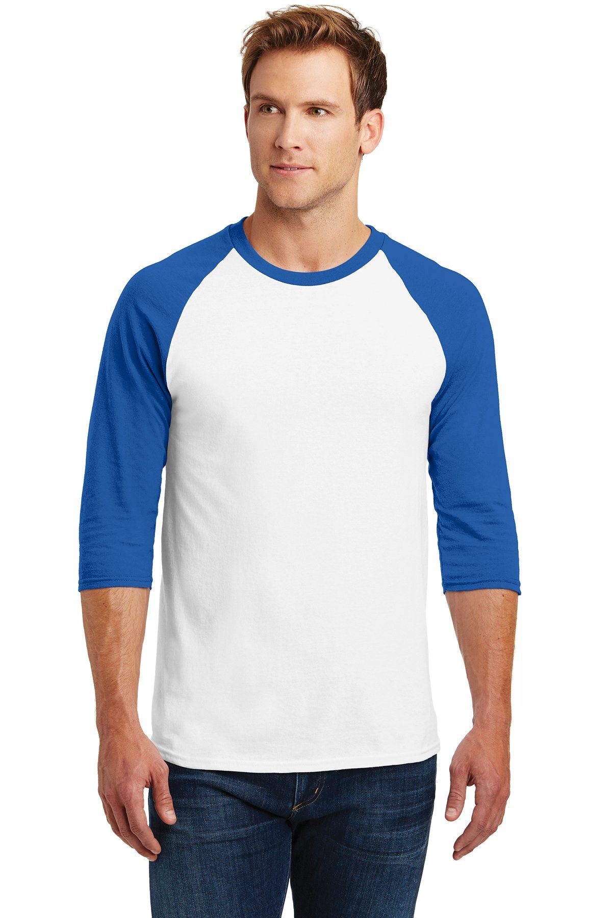 gildan heavy cotton 3 4 sleeve raglan t shirt 5700 white/ royal