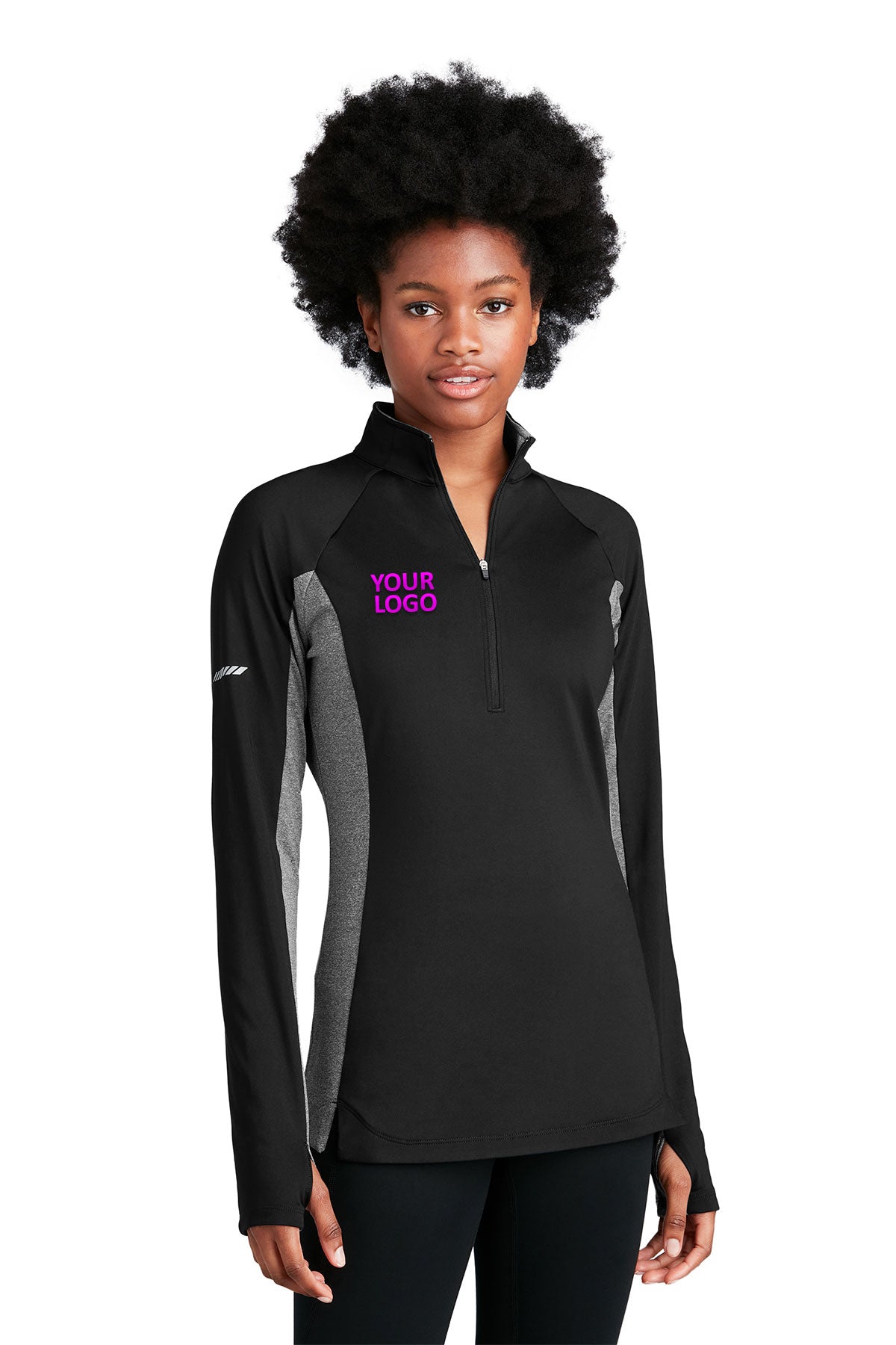 Sport-Tek Ladies Sport-Wick Stretch Contrast Customized 1/2-Zip Pullovers, Black/ Charcoal Grey Heather