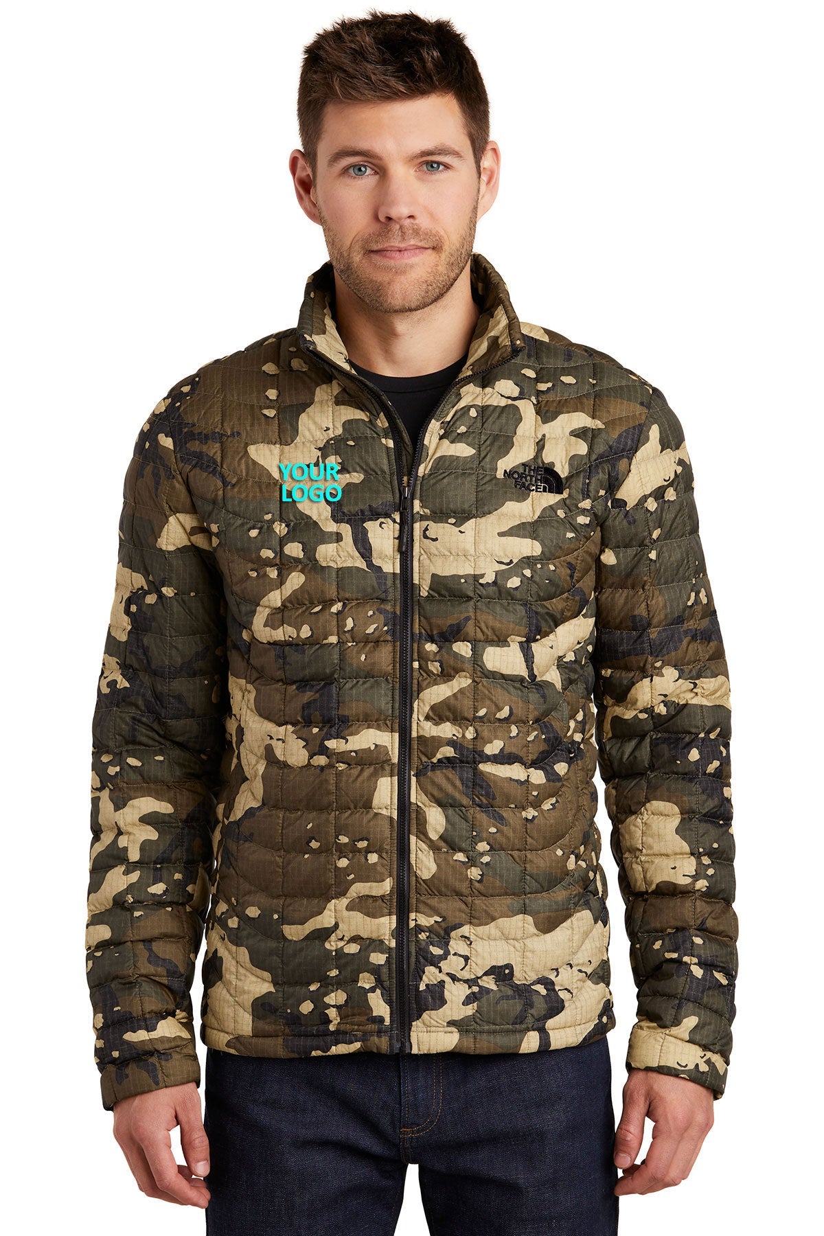 The North Face Burnt Olive Woodchip Camo Print NF0A3LH2 jackets with company logo