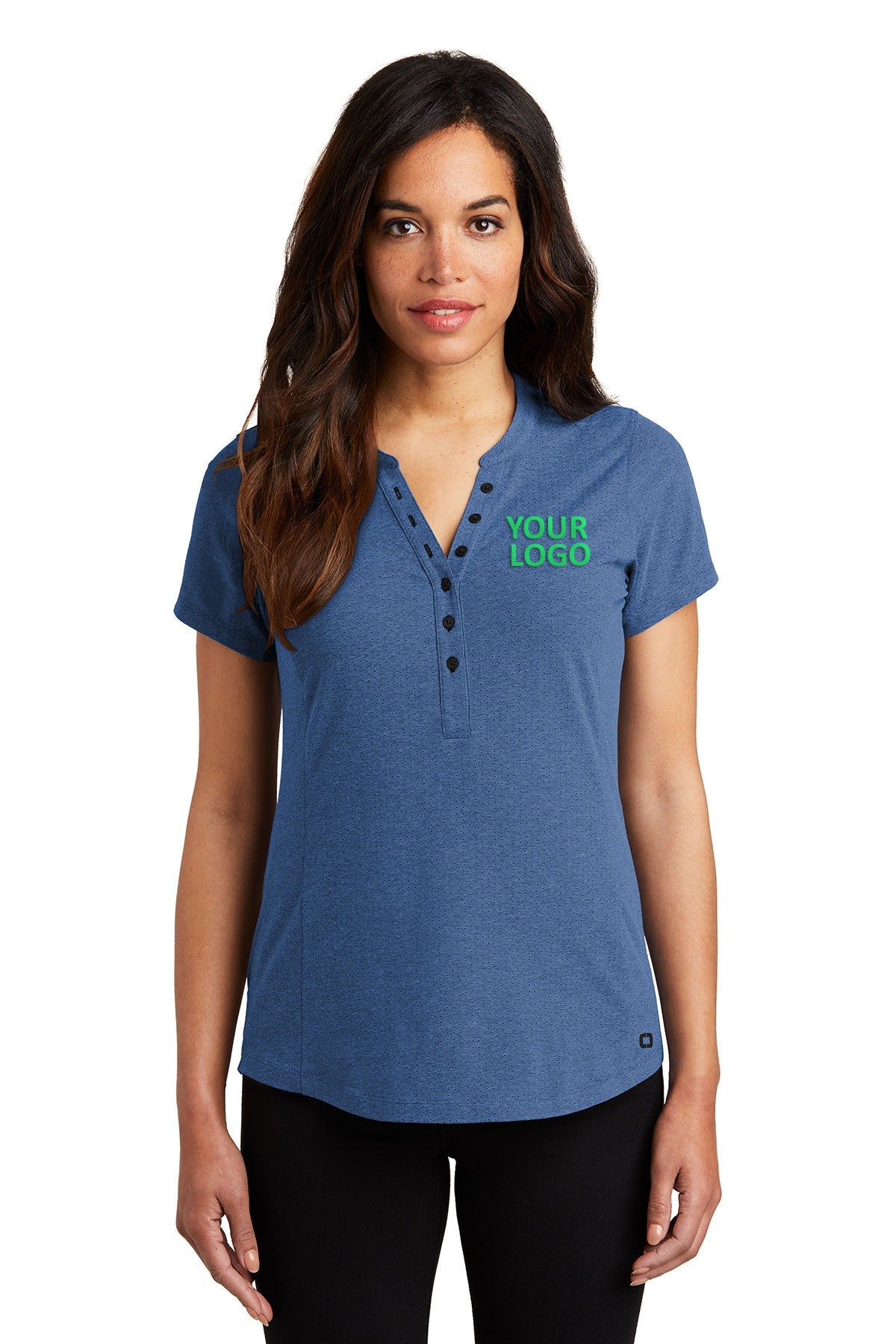 OGIO Blue Heather LOG136 polo shirts with custom logo