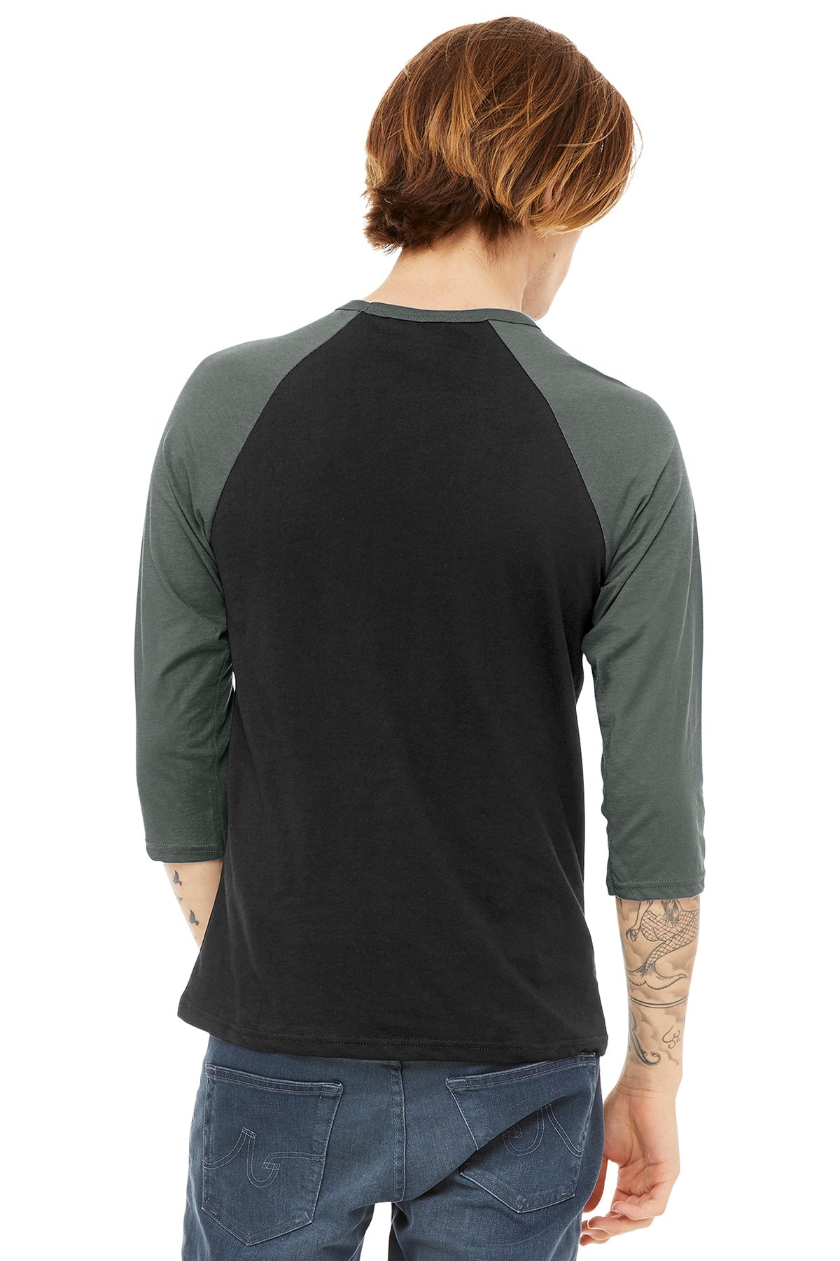 bella + canvas unisex 3/4-sleeve baseball t-shirt 3200 black/ deep hthr