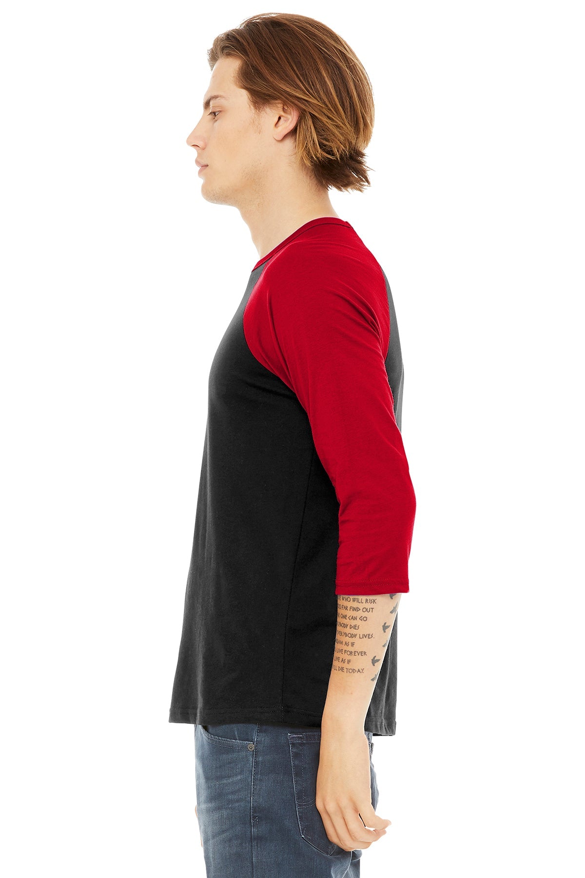 bella + canvas unisex 3/4-sleeve baseball t-shirt 3200 black/ red