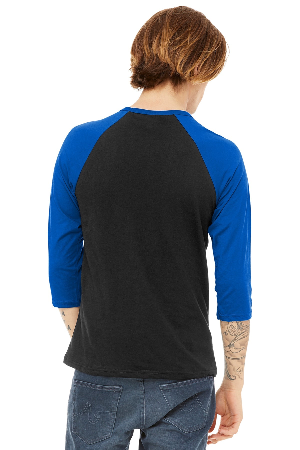 bella + canvas unisex 3/4-sleeve baseball t-shirt 3200 black/ true royl