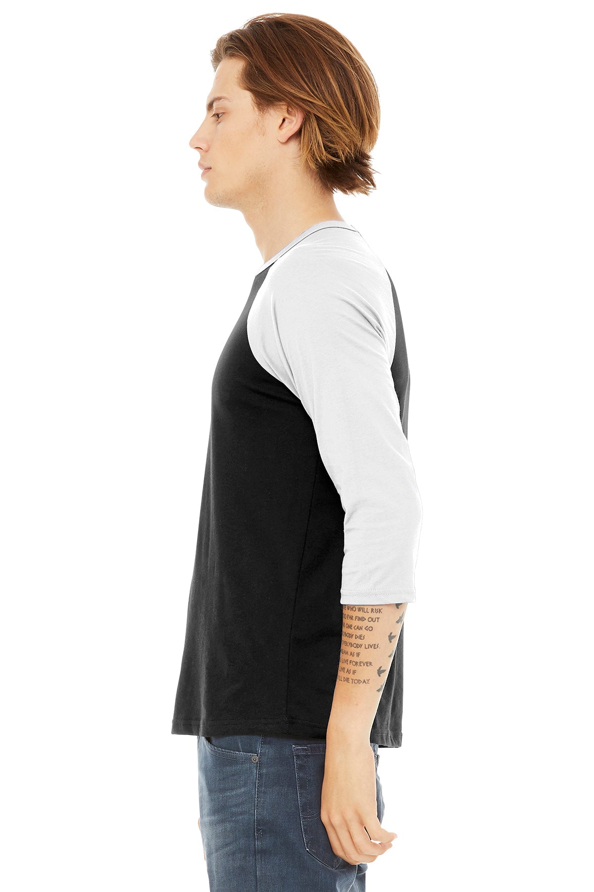 bella + canvas unisex 3/4-sleeve baseball t-shirt 3200 black/ white