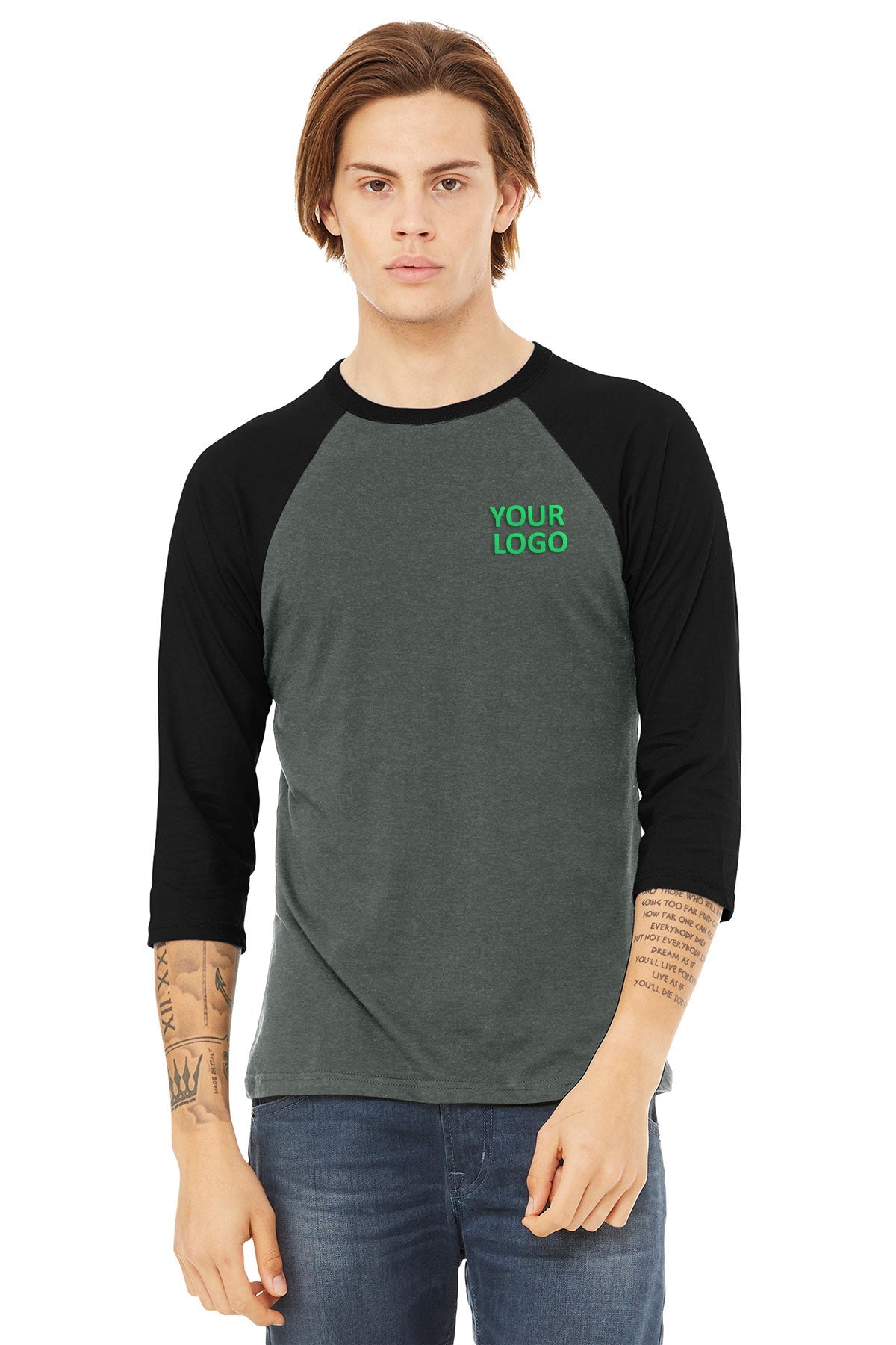 bella + canvas unisex 3/4-sleeve baseball t-shirt 3200 deep heathr/ blk