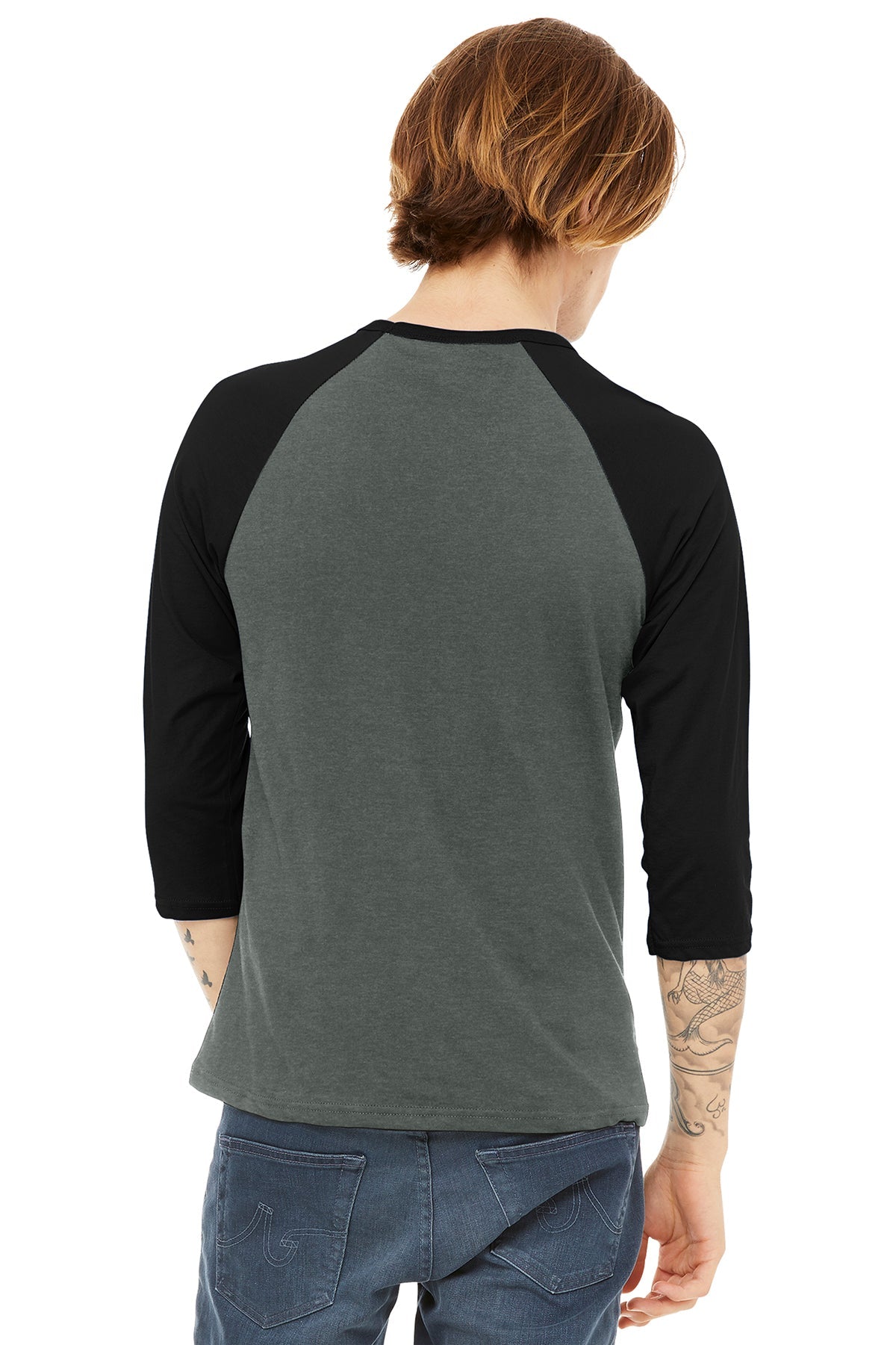 bella + canvas unisex 3/4-sleeve baseball t-shirt 3200 deep heathr/ blk