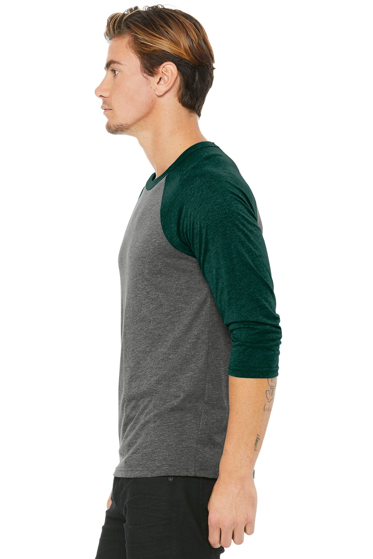 Bella Canvas Unisex 3/4-Sleeve Baseball T-Shirt, Grey/ Emerald