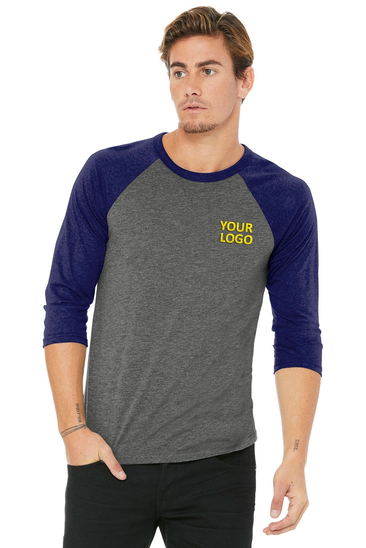 bella + canvas unisex 3/4-sleeve baseball t-shirt 3200 grey/ navy trb