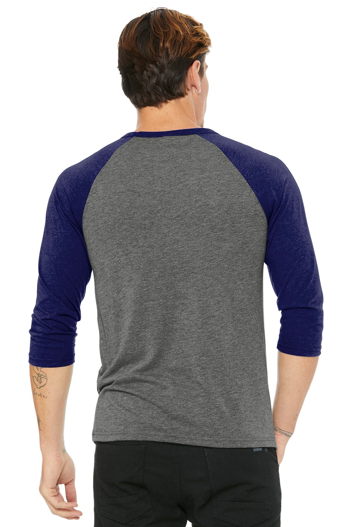 bella + canvas unisex 3/4-sleeve baseball t-shirt 3200 grey/ navy trb