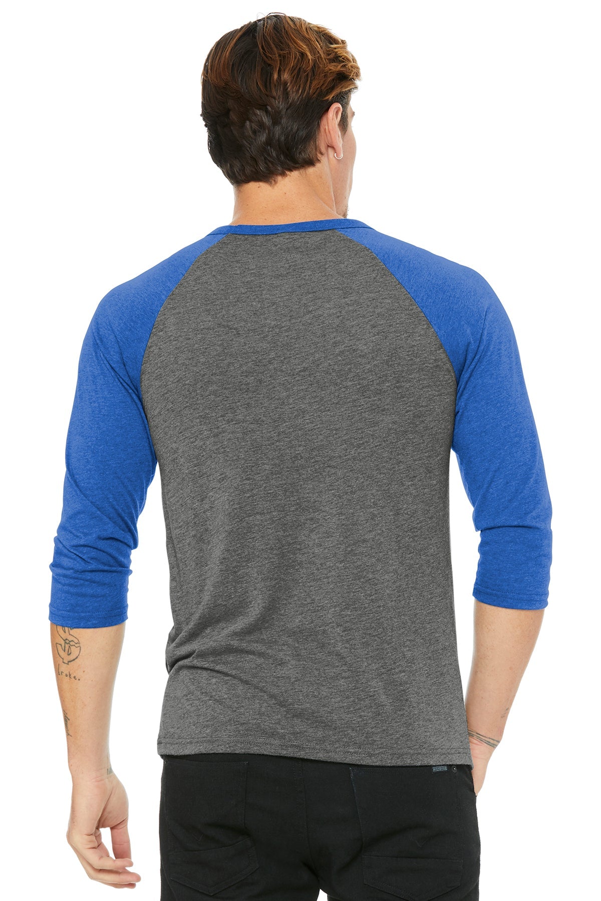 bella + canvas unisex 3/4-sleeve baseball t-shirt 3200 grey/ tr ryl trb